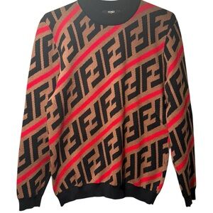 Fendi Men's Sweater with Black, Brown, and Red Pattern
